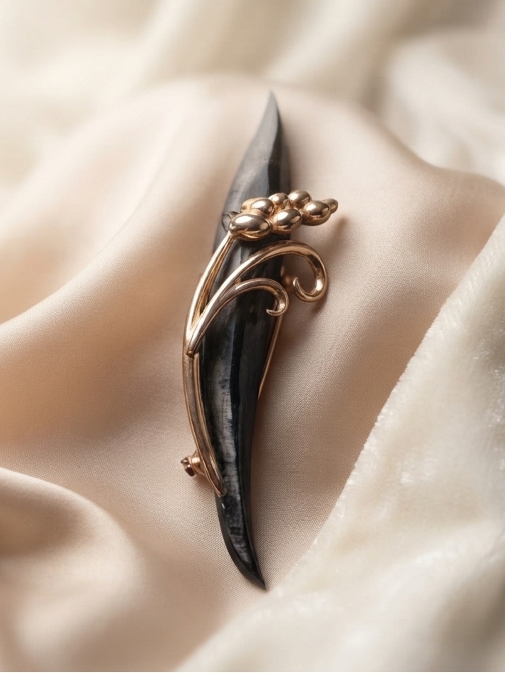 Art Deco Style Statement Brooch - Long Black Horn & Gold Scrollwork